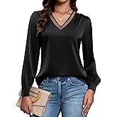 Blooming Jelly Womens Silk Business Dressy Casual Blouses Lace V Neck Long Sleeve Fall Tops Work Pleated Trendy Outfits