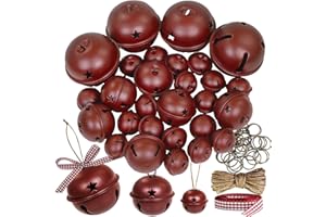 WINLYN 30 Pcs Christmas Metal Sleigh Bells Rustic Burgundy Jingle Bells with Star Cutouts Rustic Craft Bells 1.6" 2.4" 3.5" for Christmas Tree Wreath Garland Ornaments Holiday DIY Decorations