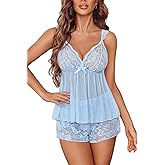 Avidlove Women's Floral Lace Lingerie Pajama Set,Sexy Sheer Mesh V-Neck Halter Cami and Shorts 2 Piece Sleepwear Set