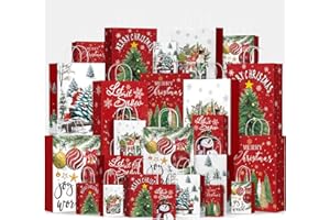 Horaldaily 24 Christmas Gift Paper Bags Bulk with handles Wrapping, Christmas Trees Snowman Truck Ball Ornaments Xmas Holiday Presents(6 Jumbo,6 Large,6 Medium,6 Small)