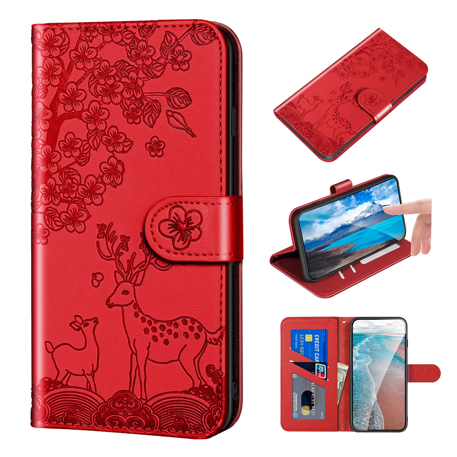 Norn iPhone 7 Plus/8 Plus Phone case,Cute Embossed Sika Deer Pattern,Folding Stand PU Folio Leather Wallet Case,Shokproof Protective Flip Case with Card Slots,Magnetic Closure,Red