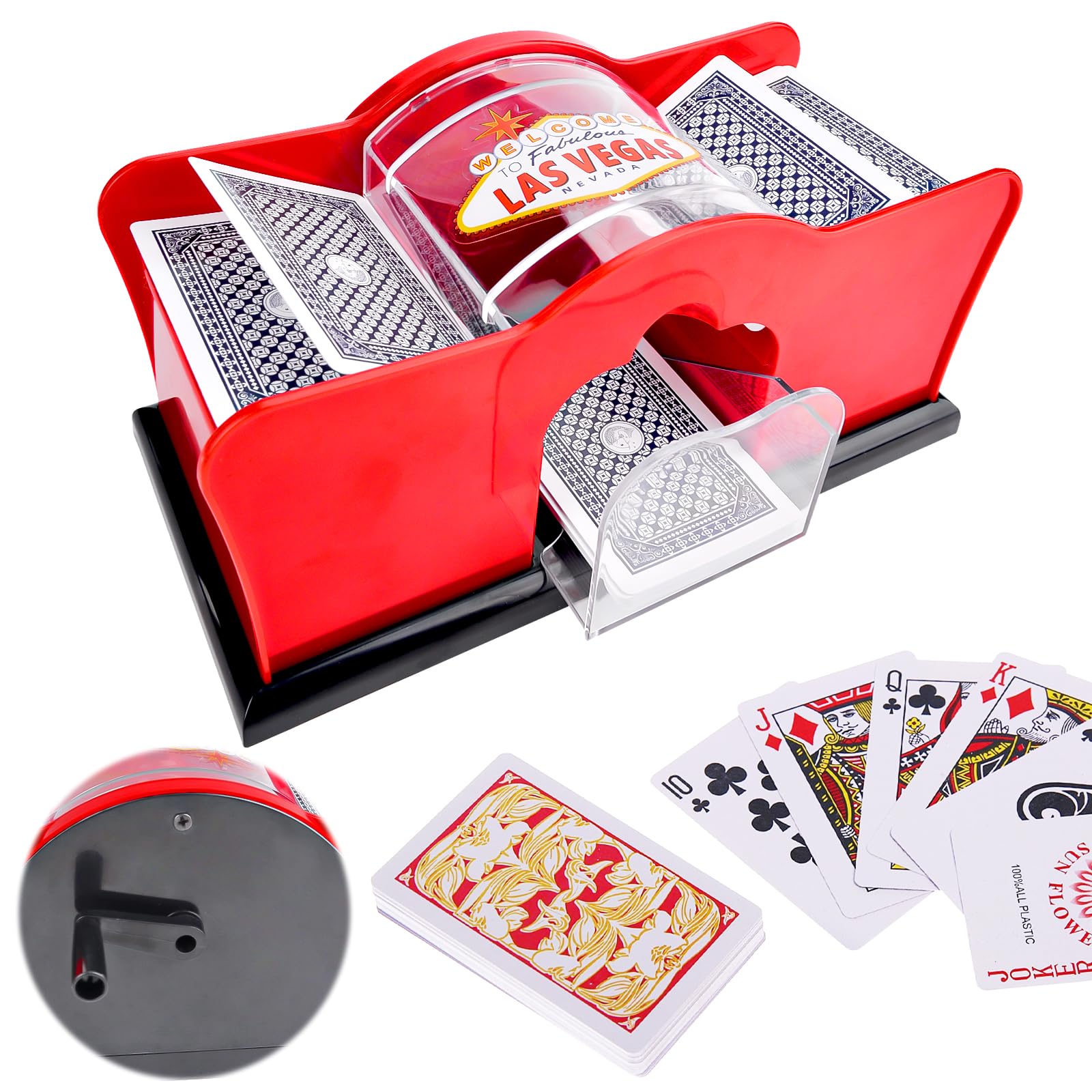 Pipihome Card Shuffler, Hand Shuffling Machine for 2 Decks | Poker Card Shuffling Machine | Manual Hand Cranked Card Shuffler with Crank Handle for Home Card Game, Travel Poker (Red)