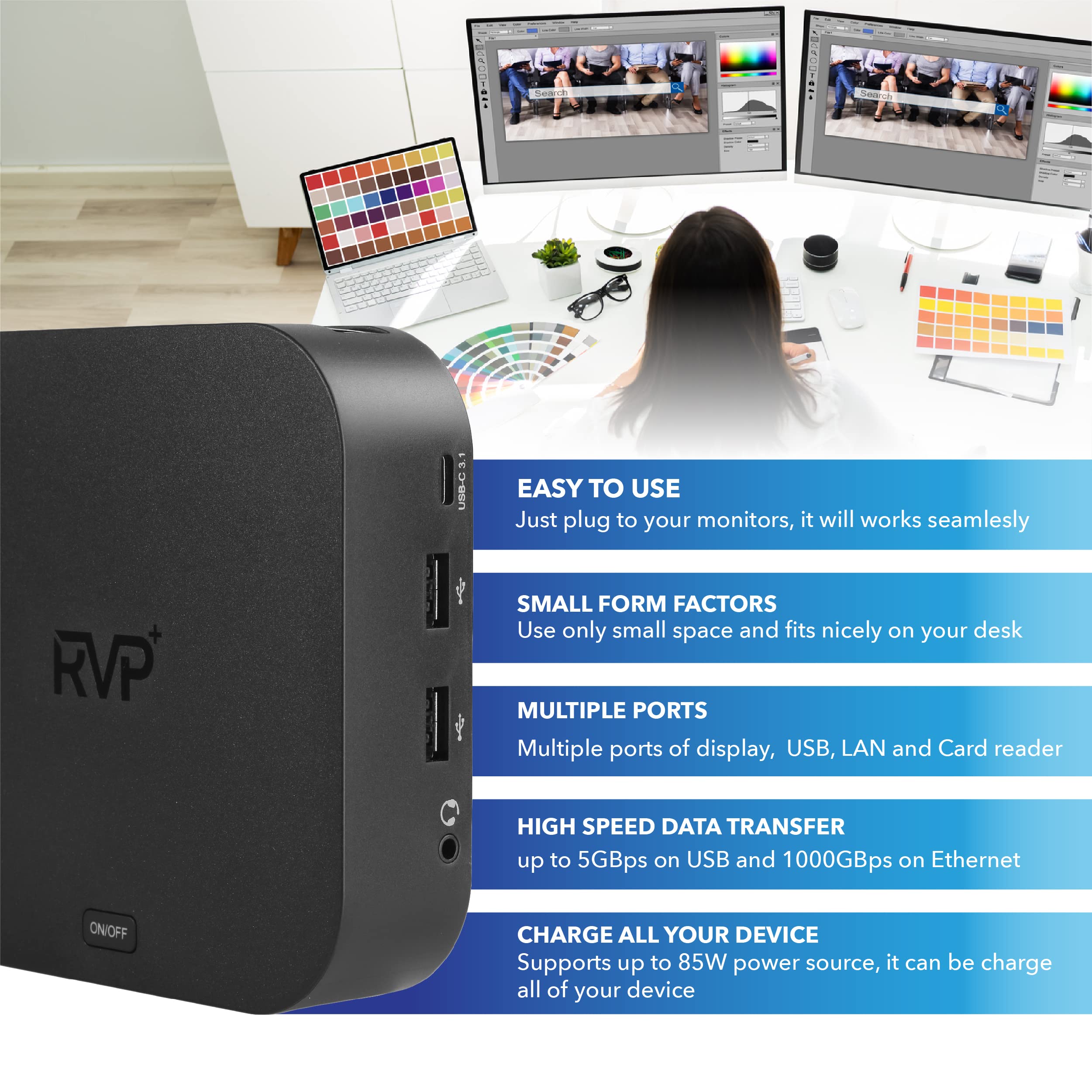RVP+ USB C Docking Station 3 Monitors, 13-in-1, Triple Display-4K HDMI & DisplayPort Dual Monitors, 5Gbps USB-C/A Data Transfer, 100W Laptop-Charging, Gigabit Ethernet, Audio (RVP-082321)
