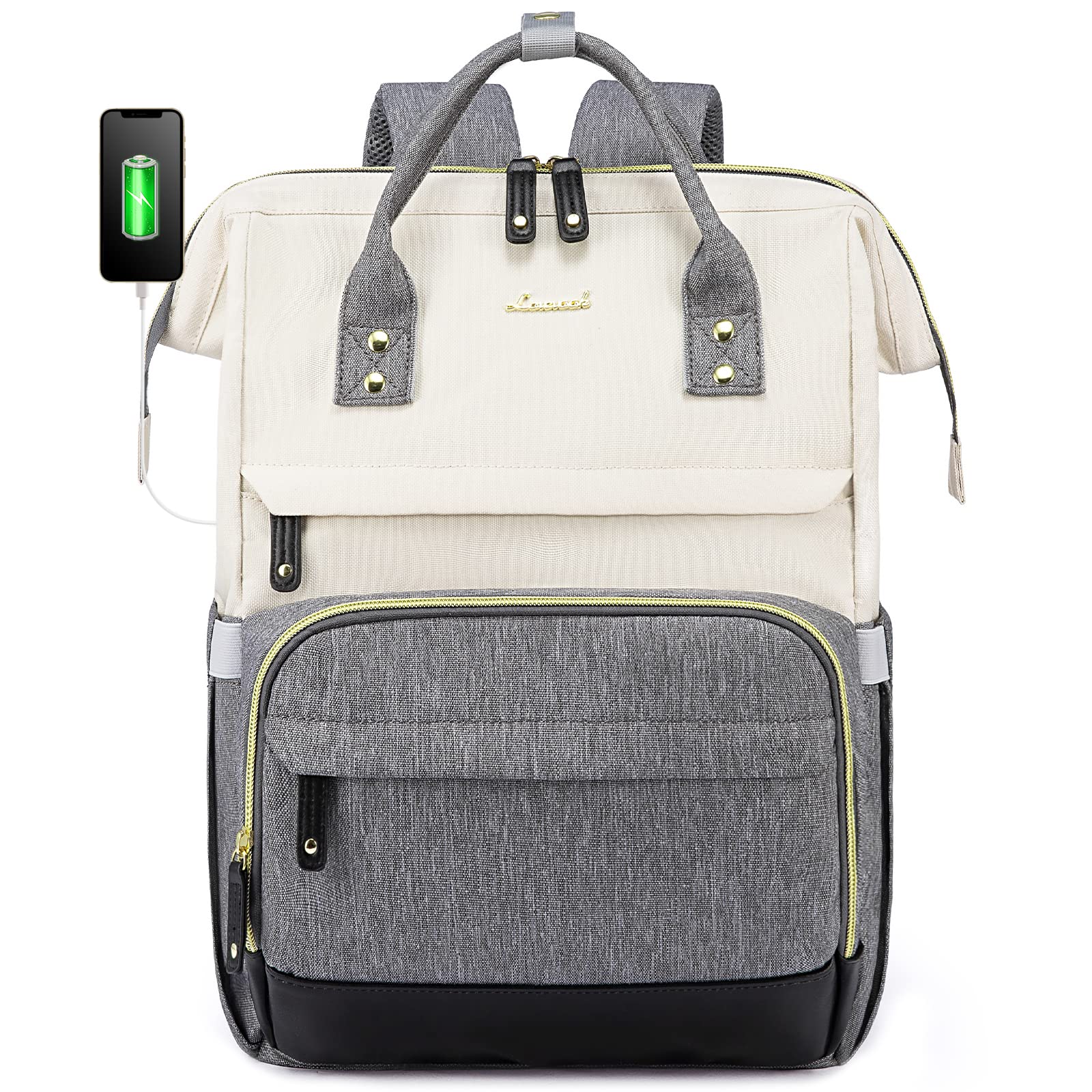 LOVEVOOK Laptop Backpack Womens,15.6inch Rucksack Bags for Women School College Work University Travel, Large Waterproof Ladies Backpacks, Back Pack for Woman, Teacher Bag, Beige Grey