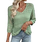 EVALESS Womens Lightweight Sweaters Crochet Hollow Out Knit Tops 3/4 Sleeve Beach Vacation Clothes for Women Trendy 2026