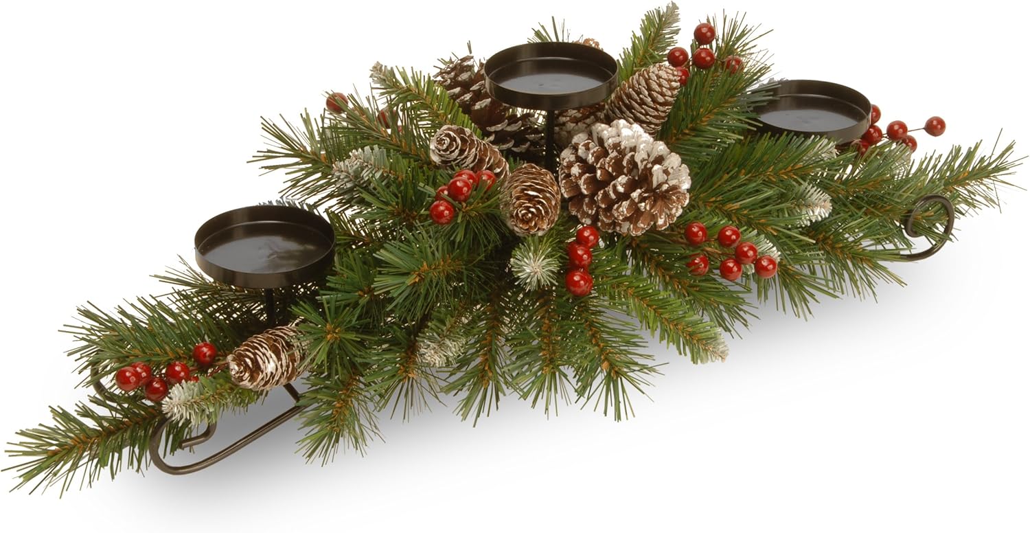 Candles & Holders - National Tree Company Artificial Christmas Centerpiece | Includes 3 Candle Holders, Red Berries, Pine Cones and Steal Base | Frosted Berry - 30 Inch
