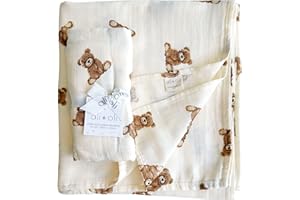 Ali+Oli Muslin Swaddle Blanket (Teddy Bear) for Baby, Soft Rayon Made from Bamboo and Organic Cotton Muslin Blanket, Machine Washable Blanket Wrap for Newborn to Toddler, Large, 47 by 47 Inches