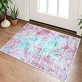 Lansny Modern Abstract 2x3 Girls Room Rug, Machine Washable Blush Pink Sky Blue Small Area Rug Thin Kitchen Mat Non-Slip, Pri