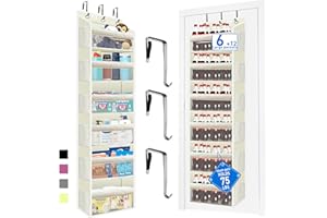 ZEBRICOLO over the door organizer, Solid Bamboo Board (Not Plastic!) 6-Tier Heavy Duty 75LB, 12 Side Pockets, 3 Reinforced Hooks & Anti-Slip Pads, Waterproof & Washable, No Sagging, No Door Damage,Ivory