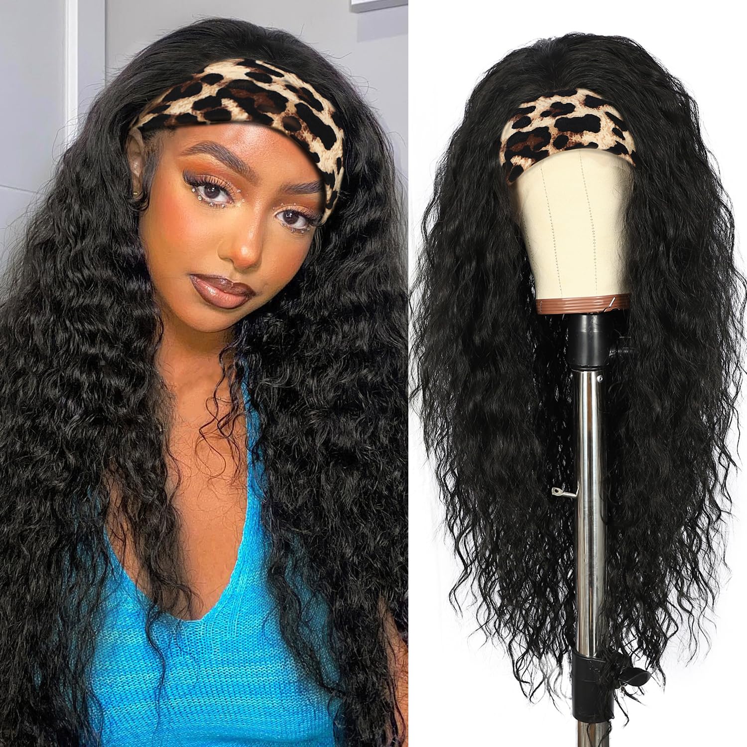 SOMIARIK Black Headband Wigs For Women Long Black Water Wave Natural Hairline Full Machine Made None Lace Front 130% Density 26 inches Hair Synthetic Curly Daily Glueless Wigs