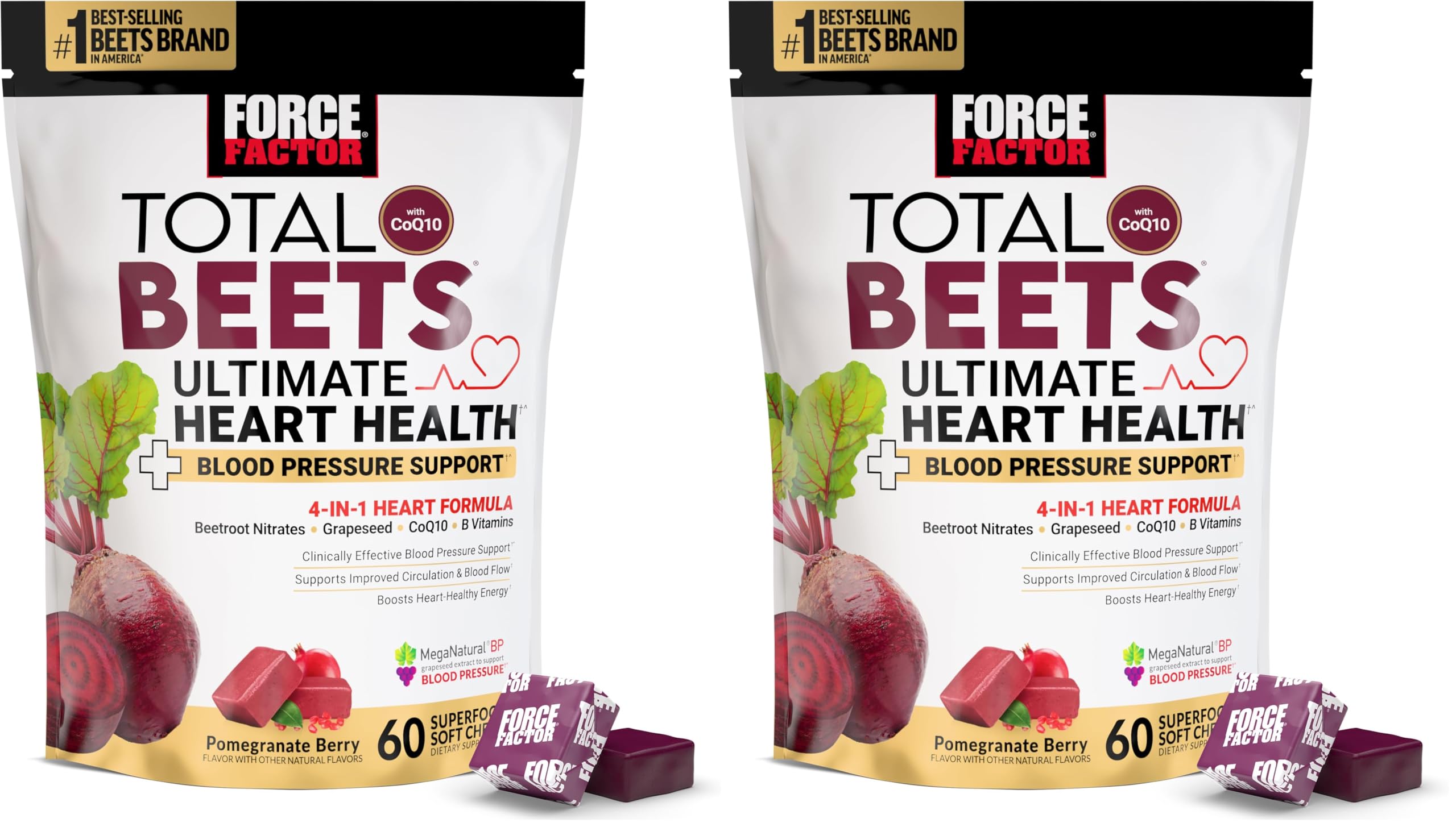 Force Factor Total Beets Ultimate Heart Health Chews for Blood Pressure Support,Beetroot Powder,CoQ10,B Vitamins&Grapeseed Extract for Blood Flow & Energy,Pomegranate Berry,60 Soft Chews,(Pack of 2) Image