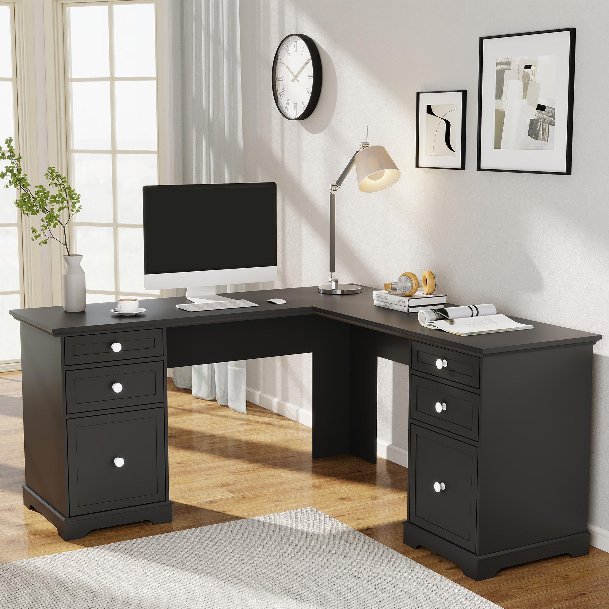Photo 1 of (please see all images) Vrmuxita L Shaped Desk with Drawers: 60" Farmhouse Executive Desk