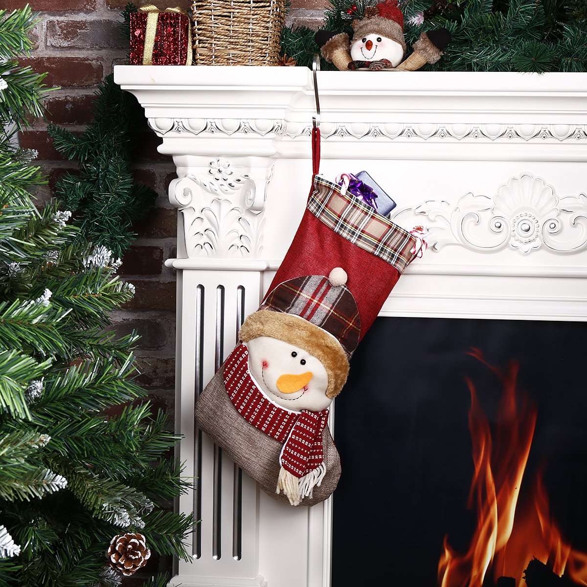 Christmas Stocking 3D Snowman Holiday Week Christmas Day Gift Plush Classic Traditional Plaid Adorable Cute Holiday Decoration Ornament Decorate Your Home for Party Office Xmas Tree 18 inch