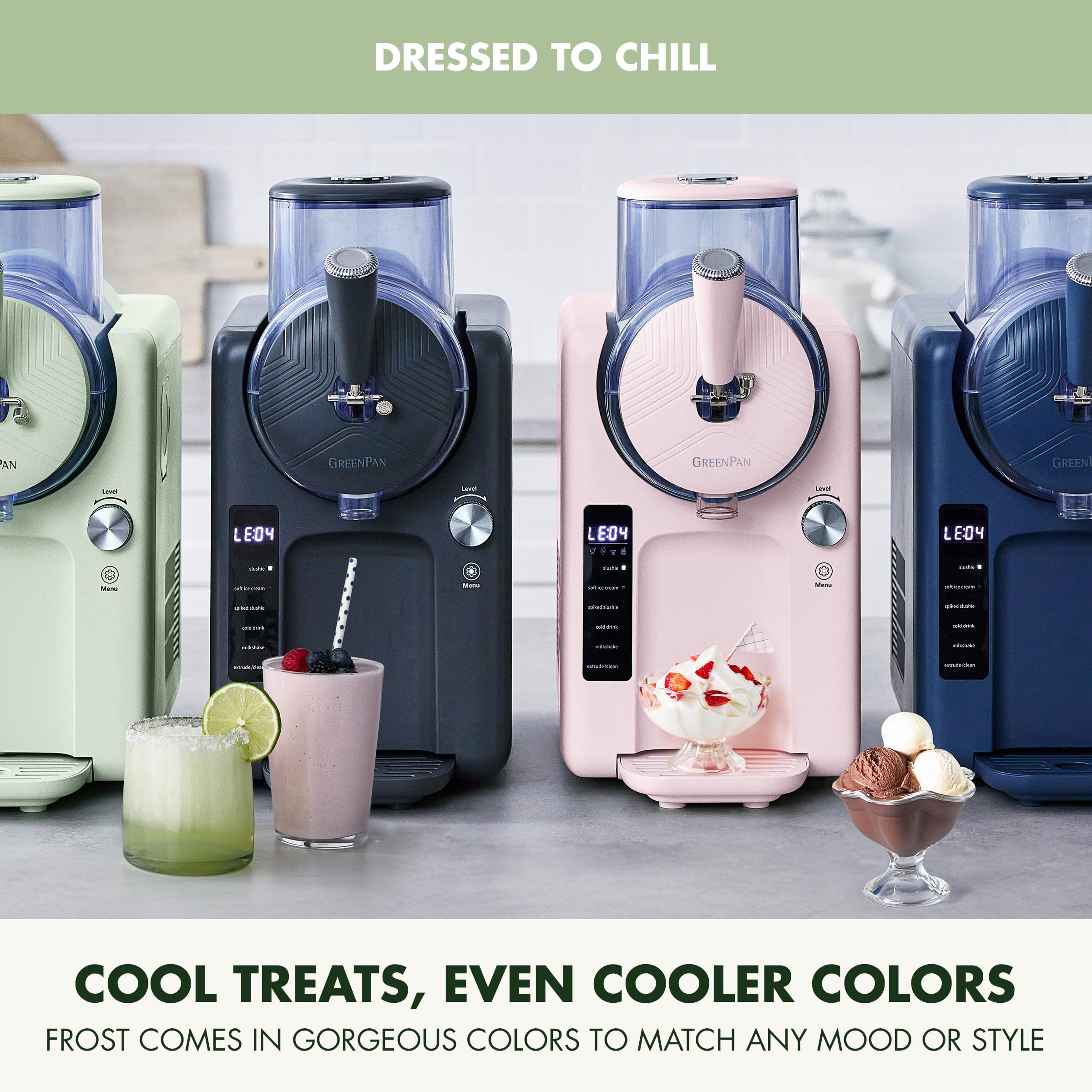 GreenPan Frost Máquina para hacer helados y bebidas congeladas, servicio suave, granizados, sorbetes, batidos y cócteles, no necesita congelador, 7 texturas, silencioso y rápido, fácil de limpiar, tamaño familiar, pistacho salvia