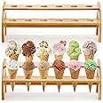 Peohud 2 Pack Bamboo Ice Cream Cone Holder, 2 Layers Waffle Cone Display Stand with 12 Holes, Durable Hand Roll Sushi Popcorn Temaki Stand for Weddings, Birthday Parties, Buffet, Food Truck