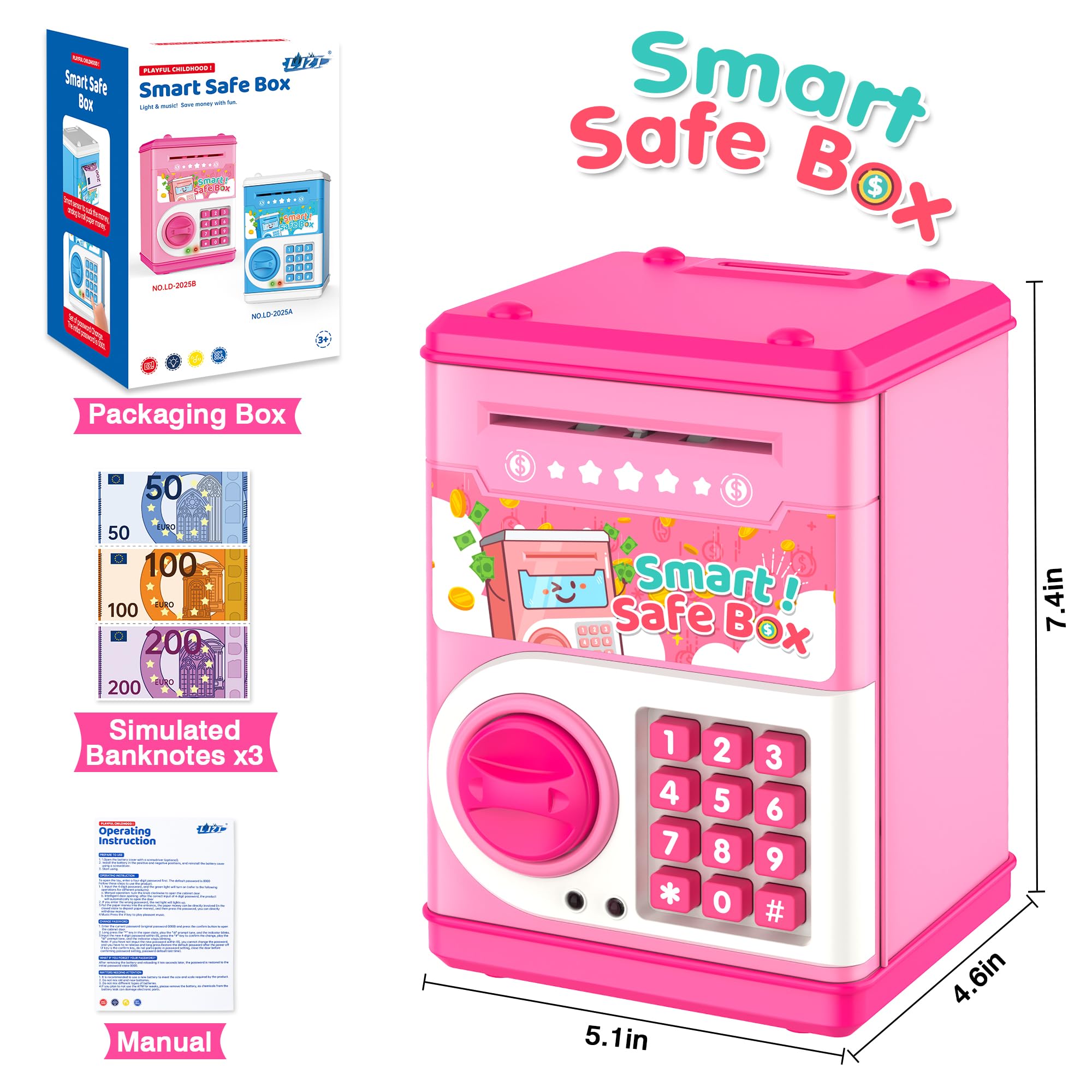 Pink Piggy Bank for Kids with Password Code Lock and Auto Grab Bill Slot, PhilaeEC Real Money Cash Coin Can Saving Box Electronic Money Safe Bank, Hot Gift for 4 7 8 9 10 11 Year Old Boys Girls