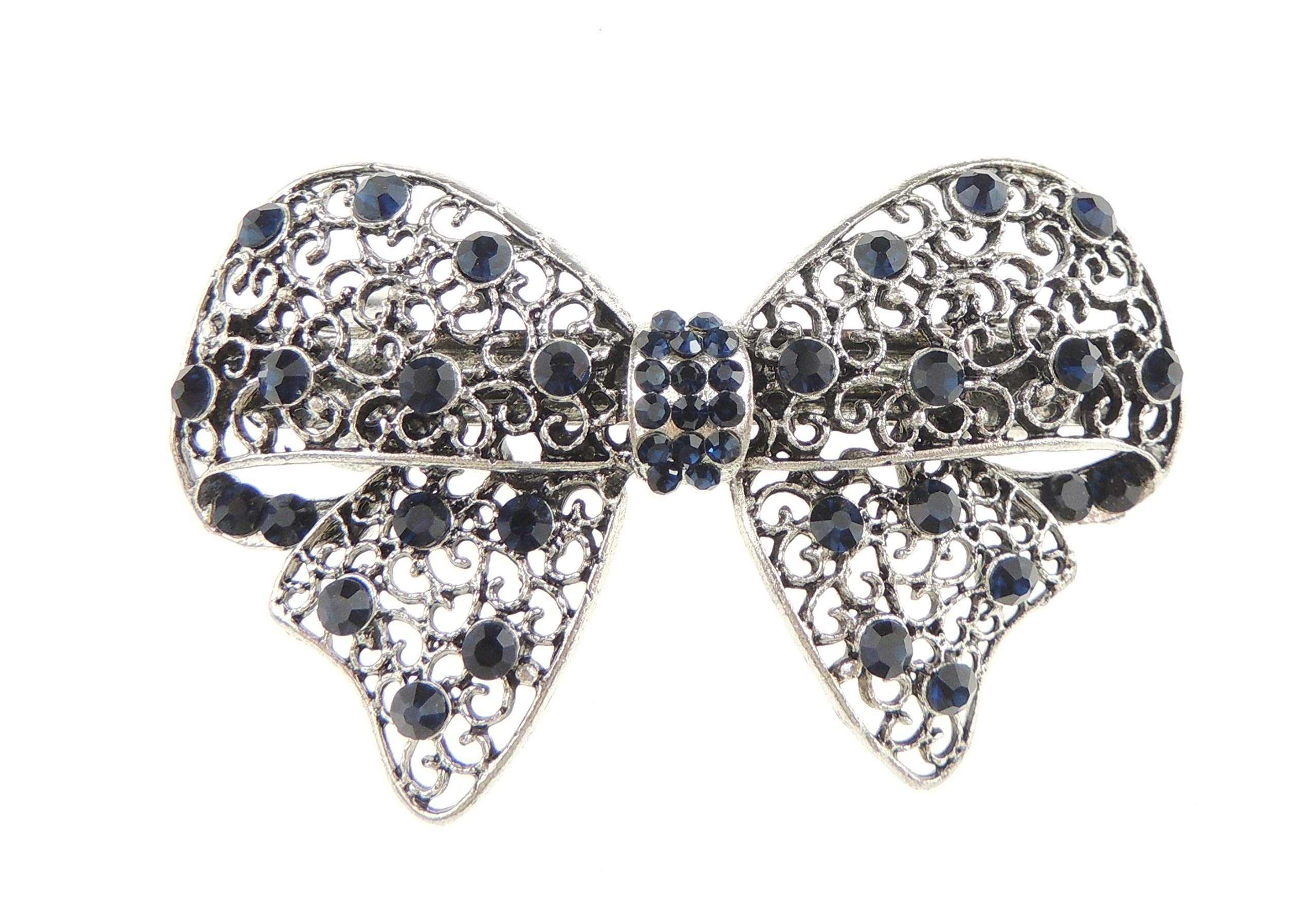 Womens Girls Vintage Look Crystal Rhinestone Diamante Wedding Birthday Party Evening Ponytail Fine Medium Hair Occasion Barrette Hairpin Silver Tone Metal French Spring Clip Ribbon Bow Dark Blue