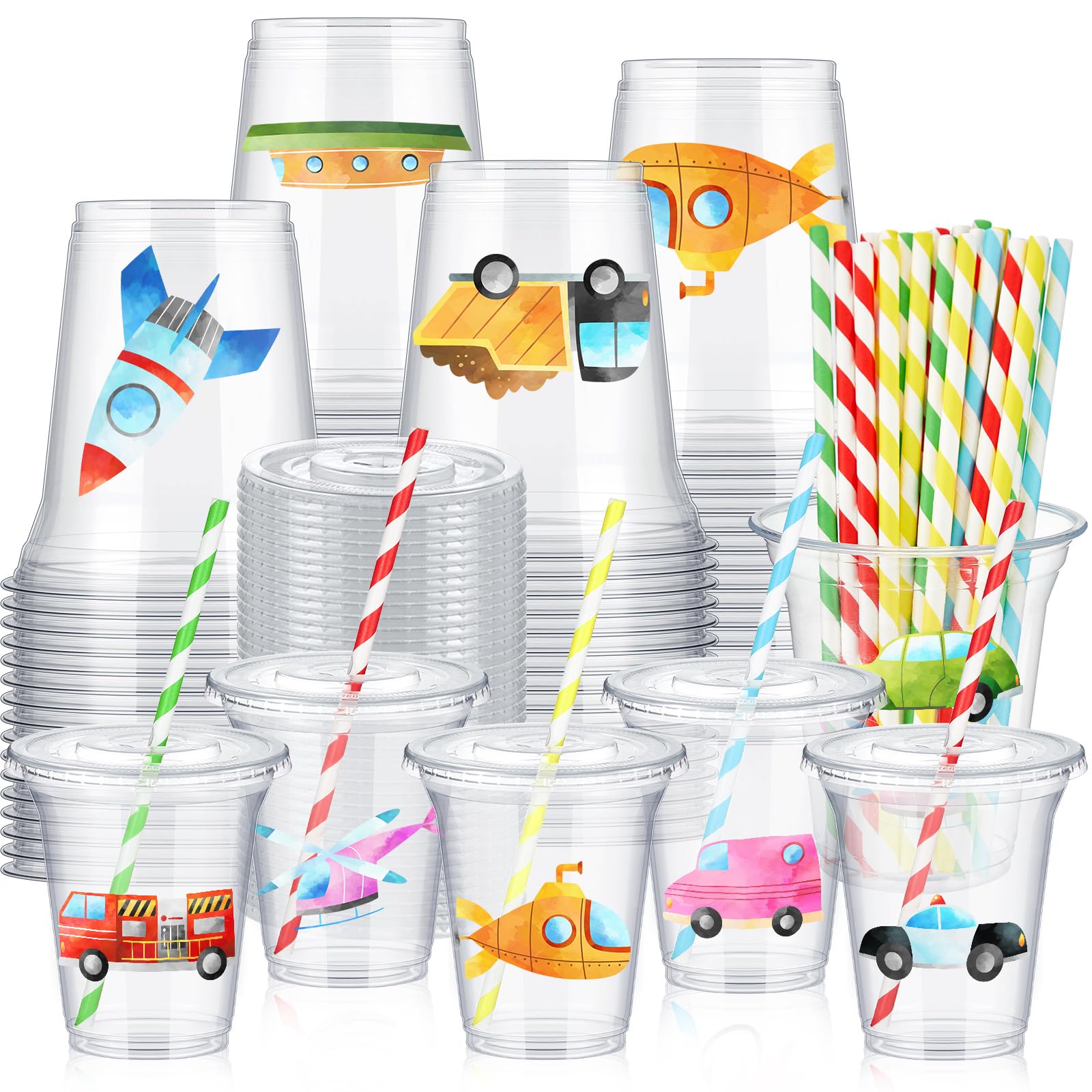 Photo 1 of Boao 36 Sets Watercolor Transportation Party Cups with Lids and Paper Straws 14 oz Transportation Birthday Party Supplies Disposable Clear Plastic Cups Bulk