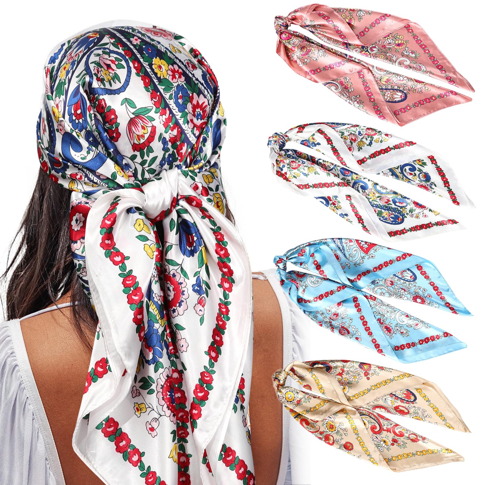 Photo 1 of AWAYTR Satin Large Square Head Scarves - 4PCS Silk Like Neck Scarf Hair Sleeping Wraps Lightweight Scarfs for Women (Cashew(Light blue/Pink/Coffee/White))