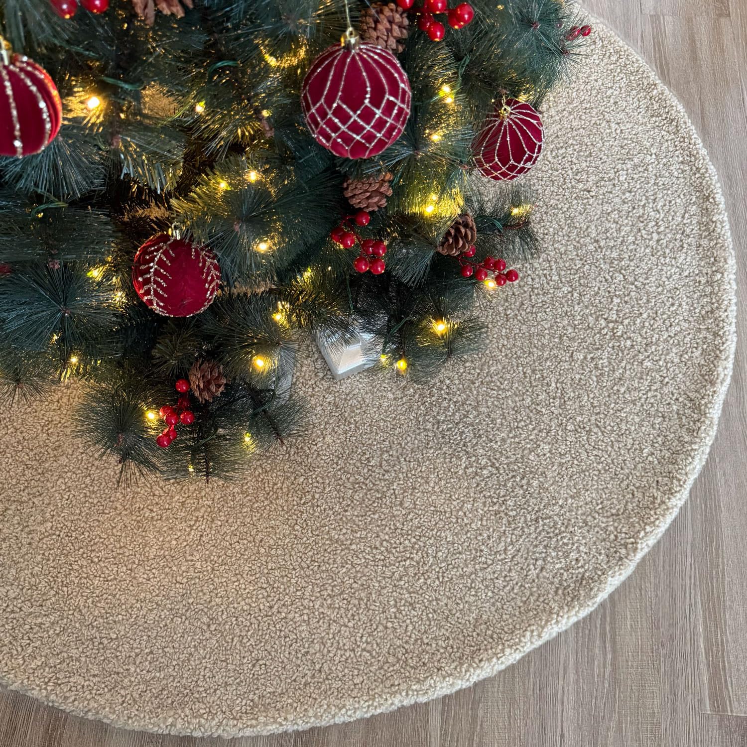 Photo 1 of Starry Dynamo 60-Inch Bouclé Faux Fur Christmas Tree Skirt with Foam Lining and Concealed Slide Clasp Closures, Beige