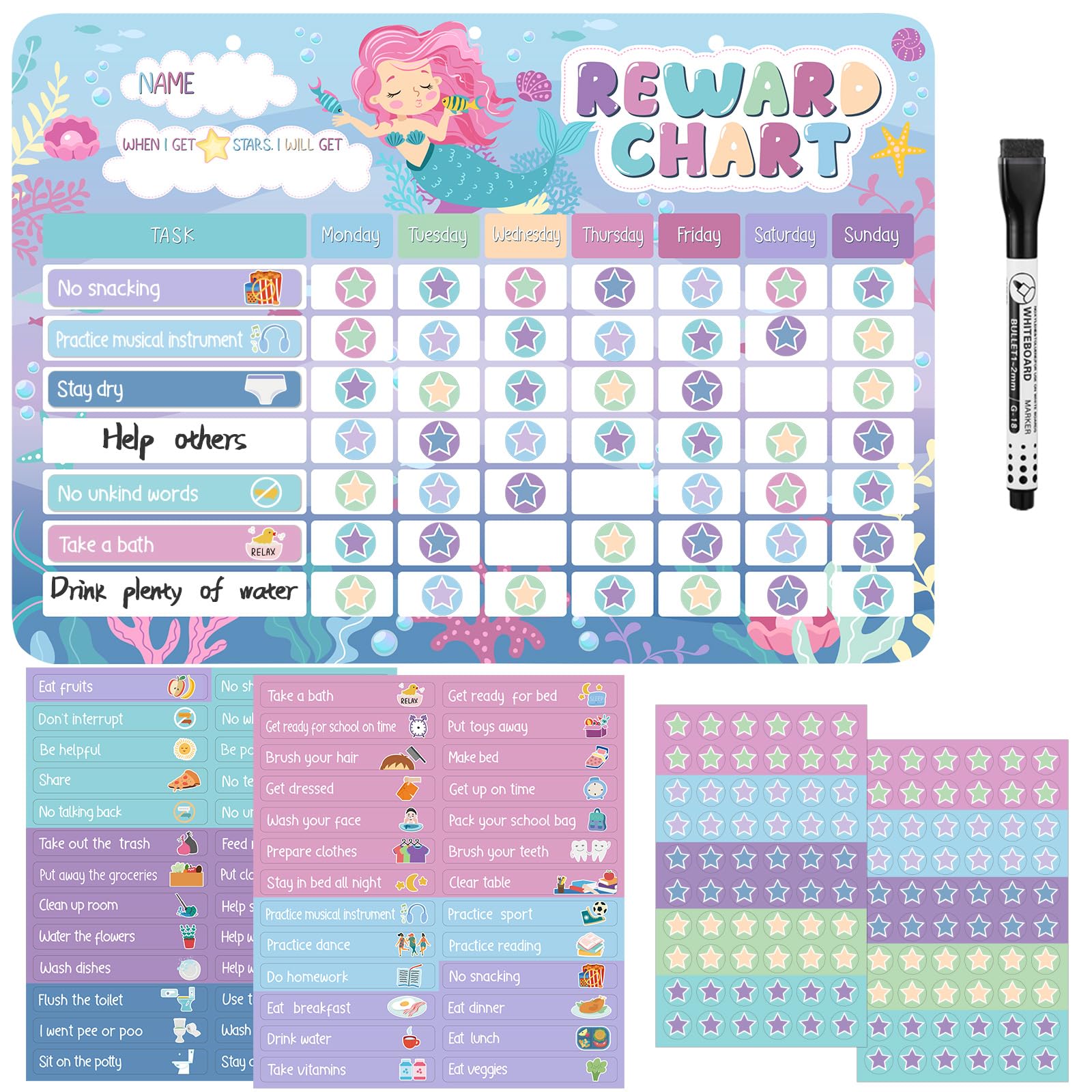Magnetic Reward Chart for Kids, Behaviour Chart Pad for Children with 52 Behaviour Stickers, 120 Star Stickers for Responsibility, Social, Routine & Potty Training (Mermaid)