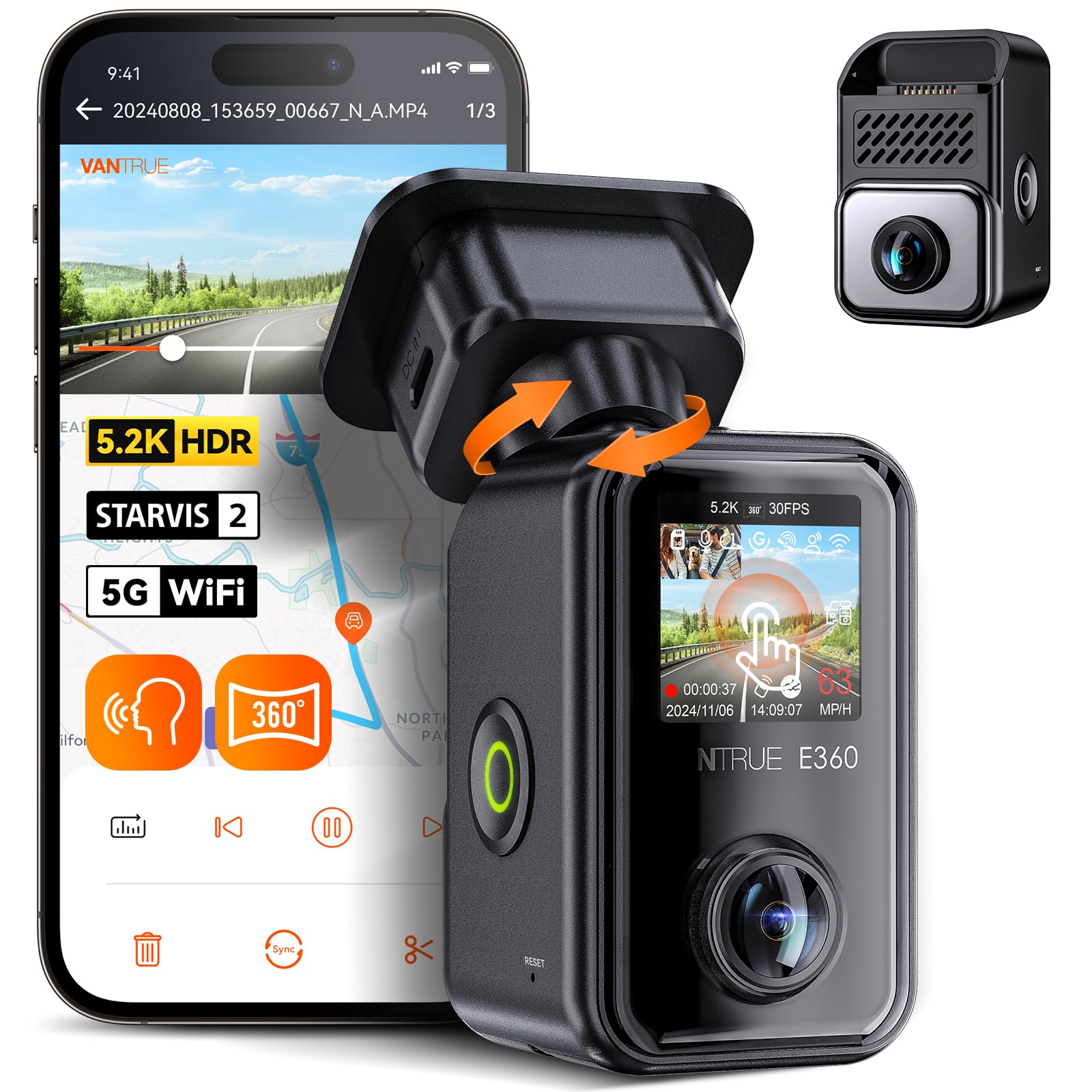 VANTRUE E360 Dash Cam 5.2K Panoramic Front Inside 1944P+1944P, 210° Wide Angle Dashcam for Cars, STARVIS 2, 5G WiFi GPS, HDR, Infrared Night Vision, Touch Screen, 24H Parking Mode, Support 512GB