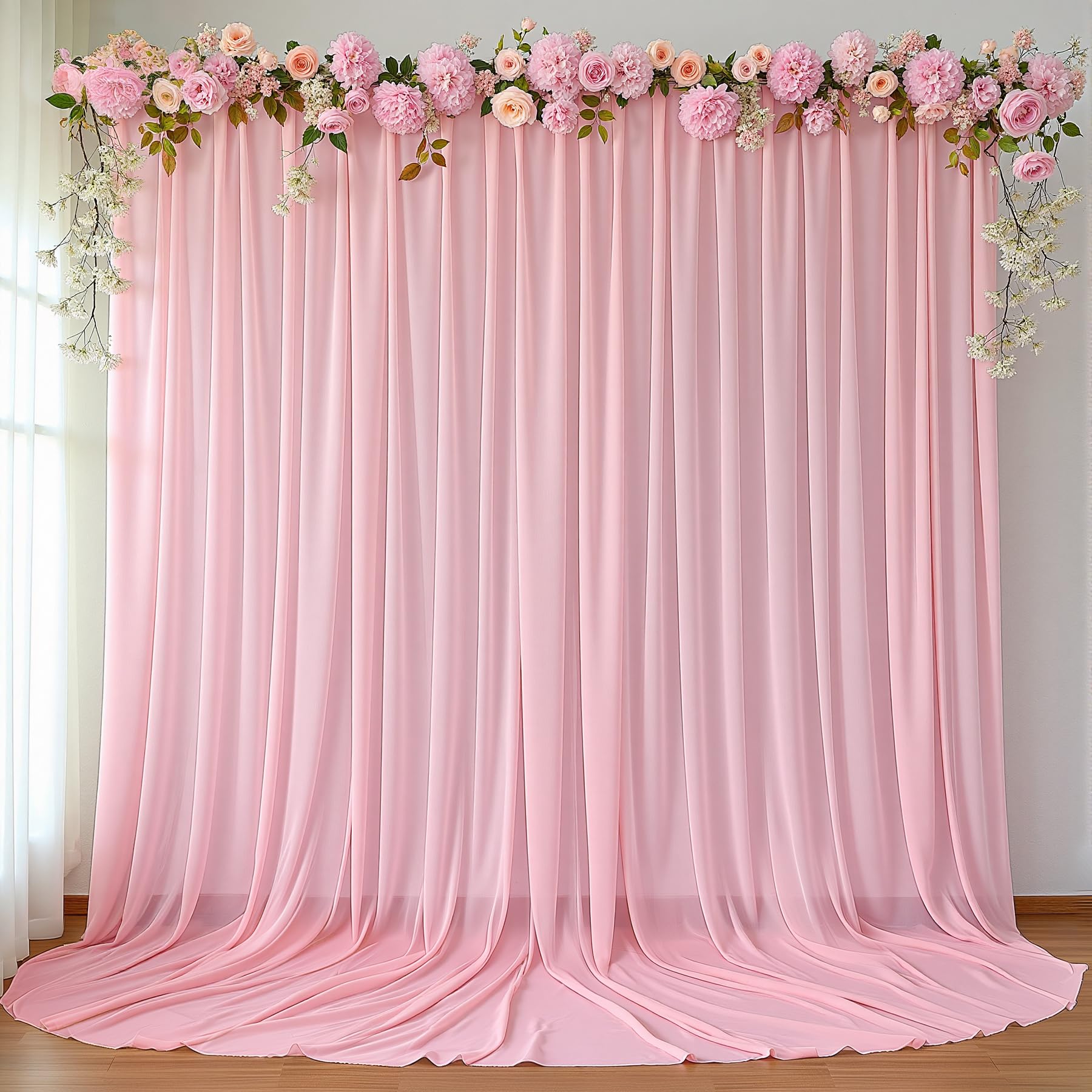 Photo 1 of 10ft x 10ft Peach Pink Backdrop Curtains, Wrinkle-Free Sheer Chiffon Fabric Photo Backdrop Drapes for Wedding Arch Party Ceremony Stage Photography Decorations