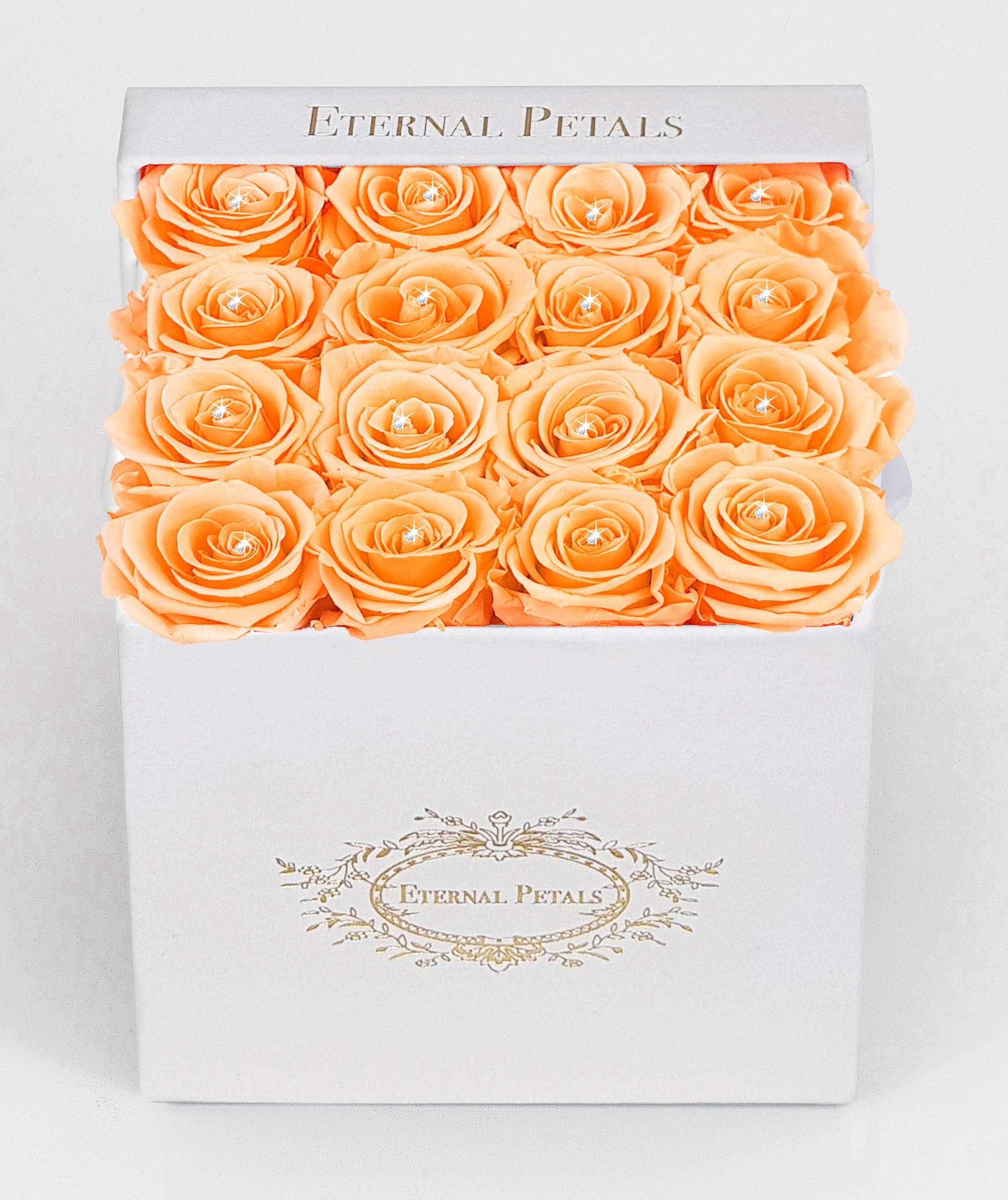 Real Roses That Last A Year - 16 roses in a White Flower Box with 16 Crystals (Peach)