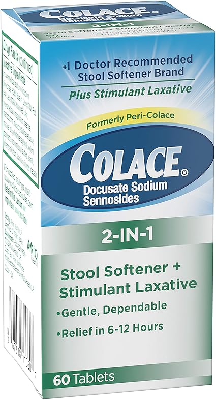 Amazon Com Colace 2 In 1 Stool Softener Stimulant Laxative Tablets 60 Count Gentle Constipation Relief In 6 12 Hours Health Personal Care