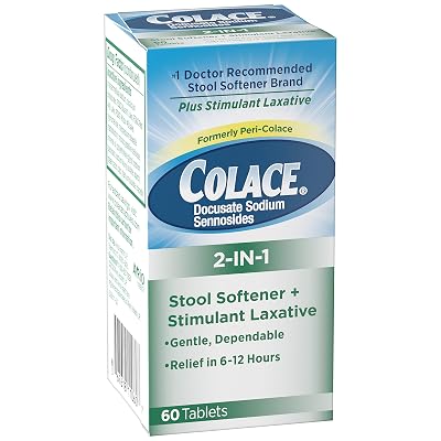Colace 2-in-1 Stool Softener &amp; Stimulant Laxative Tablets, 60 Count, Gentle Constipation Relief in 6-12 Hours