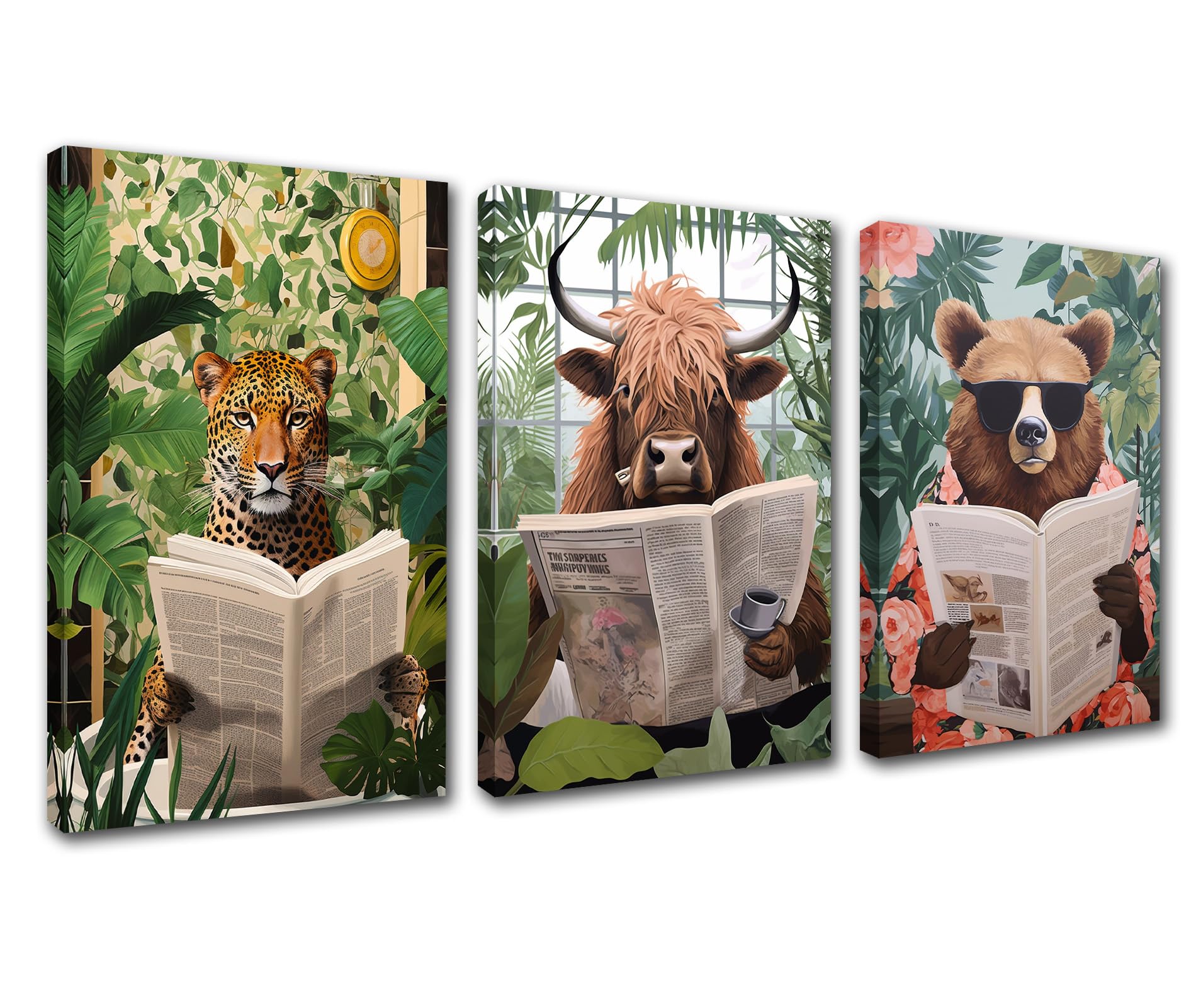 Jungle Bathroom Animal Home Decorations for Living Room Lovely Pictures Cattle Bear Leopard Paintings 3 Pcs Canvas Leaves Art Bathtub Ainmal Artwork Framed Gallery-wrapped Ready to Hang 42''Wx20''H