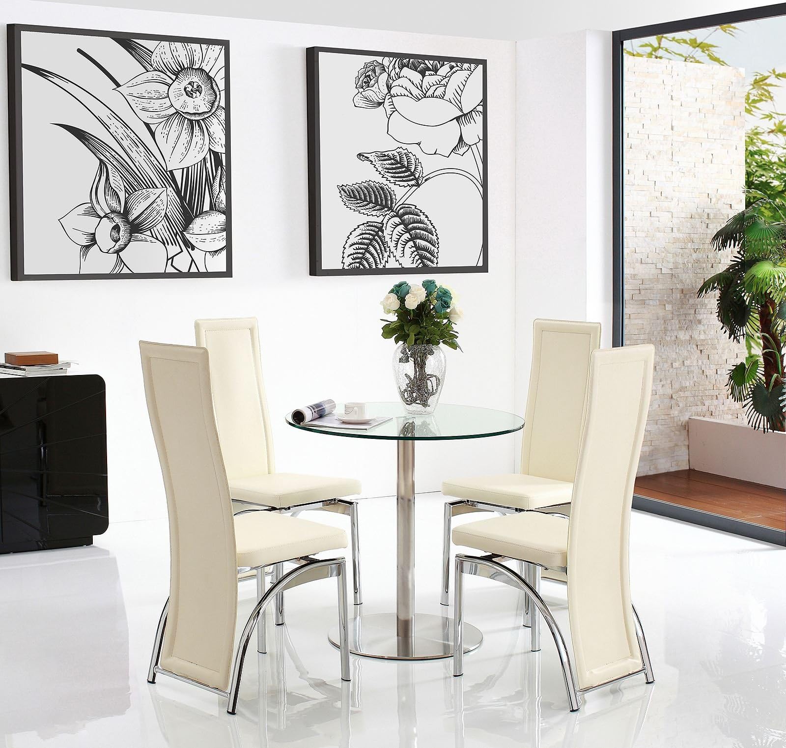 MODERN FURNITURE DIRECT Target 80cm Round Steel & Glass Dining Table and 4 Faux Leather Ivory Chairs 80cm Diameter | Tempered Glass | Steel | Fast & Free Delivery
