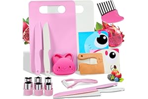 ACESSORZ 18 Pieces Montessori Kitchen Tools Cookware Baking Toy for Girls Kids, Toddler Safe Knife Set for Real Cooking, Cutting Boards, Crinkle Cutter, Peeler, Serrated Edges and Wooden Safe Knives - Pink