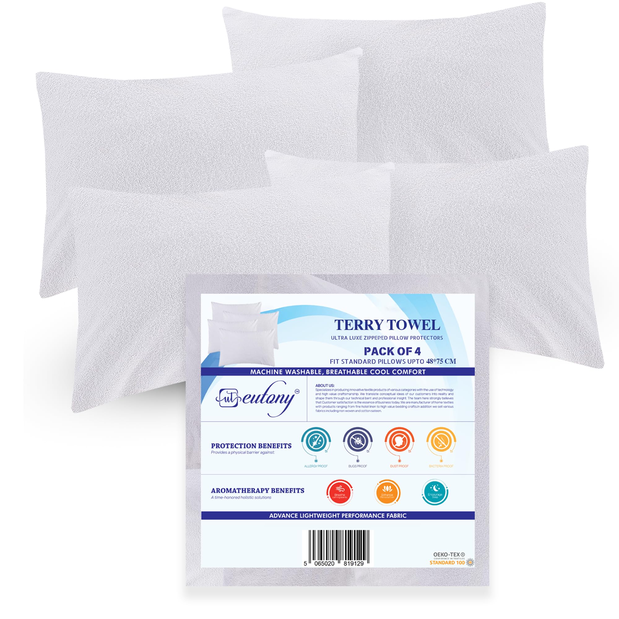 Eutony Pillow Protectors Waterproof 4 Pack Terry Towel Zipped - Ultra Luxe Zipped Waterproof Pillow Protectors, Soft & Breathable Hypoallergenic 50 x 75cm - White