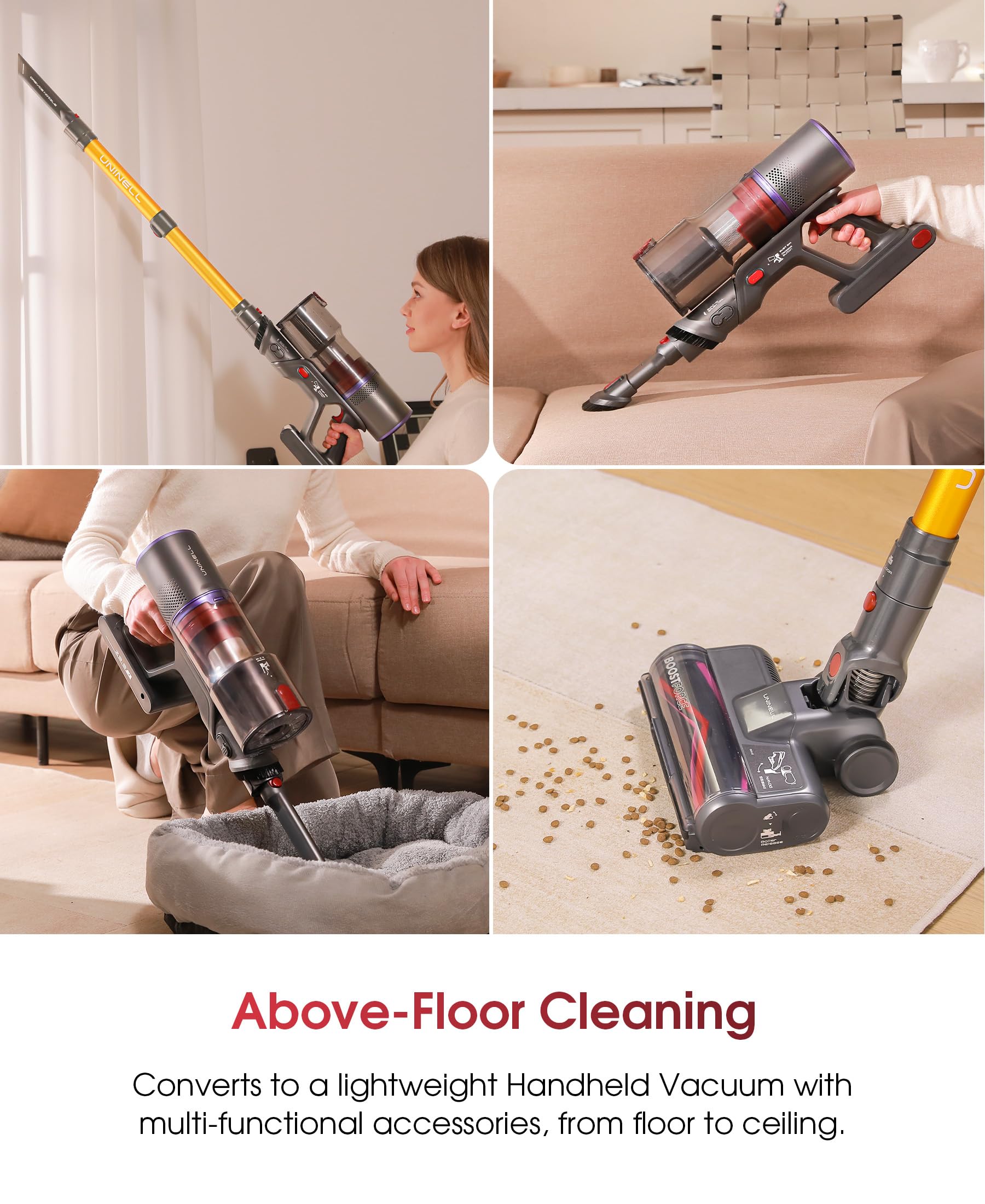 UNINELL HOME Cordless Rechargeable Vacuum Cleaner with Wall Mount Charging, 48Kpa 550W 65Mins for Home, Anti-Tangle Stick Vacuum Self-Standing for Pet Hair/Carpet