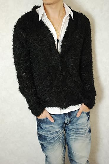 Amazon シャギーカーディガン シャギー ニット メンズ カーデ お兄系 トップス 109系 インナー レディース 毛 青 ブルー 赤 レッド 白 ホワイト M Black カーディガン 通販