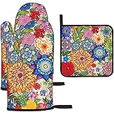 Boho Floral Oven Mitts and Pot Holders Sets of 3, Colorful Flowers Heat Resistant Kitchen Gloves Hot Pads, Chef Baking Gifts for Baker Women Mom Wife, Kitchen Gifts for Cooking Lover Cooks Hostress