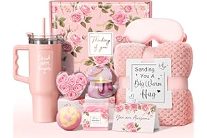 QINLINE Birthday Gifts for Women Self Care Gifts Get Well Soon Gifts, Rose Relaxing Spa Gifts Basket Care Package w/ Luxury Flannel Blanket 40 oz Tumbler, Mothers Day Gifts for Mom Her Wife Girlfriend Sister