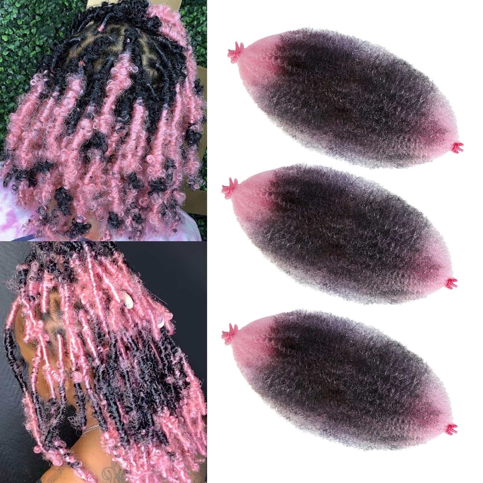 Springy Afro Hair Pre-Fluffed Marley Twist Braiding Extension (1B-Pink, 16 inch(Pack of 3))