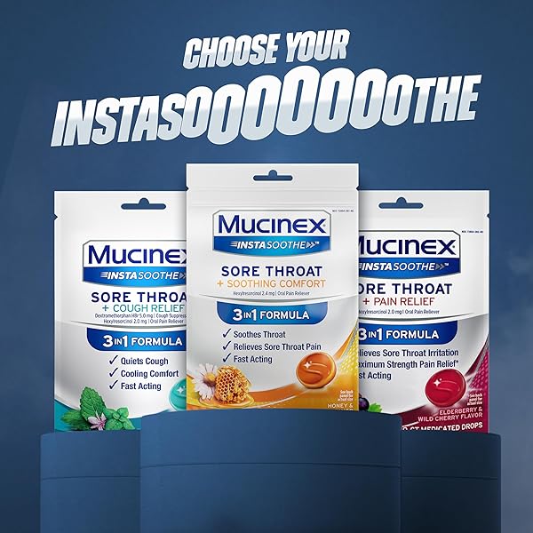 MUCINEX INSTASOOTHE SORE THROAT RELIEF DROPS, SORE THROAT LOZENGES, SORE THROAT MEDICINE WITH HEXYLRESORCINOL, COUGH DROPS ALTERNATIVE, HONEY & ECHINACEA FLAVOR MEDICATED NUMBING THROAT DROPS, 40 CT