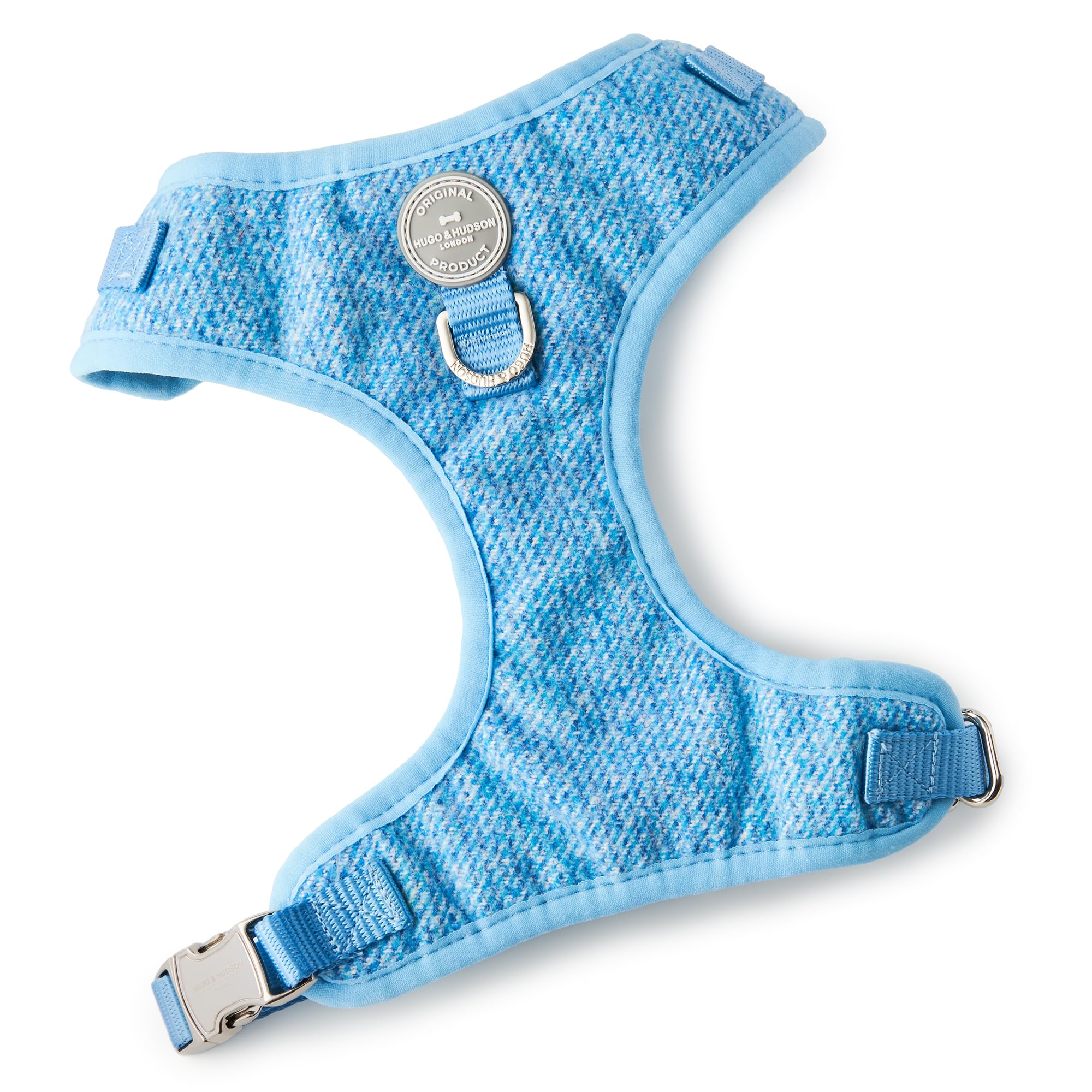 HUGO & HUDSON Tweed Dog Harness Adjustable Soft Padded No Pull Pet Vest with 2 Leads Clips, Blue, S