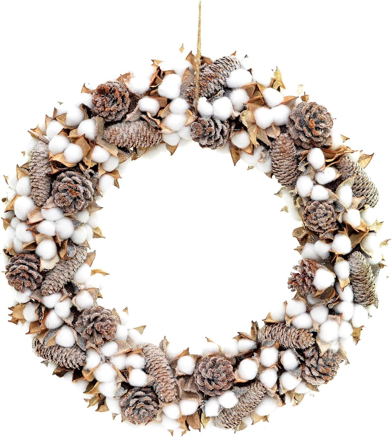 Shatchi Handmade 38cm Christmas Real Cotton Boll Wreath Pine Cones Vintage Xmas Home Décor Pre Decorated Decorations
