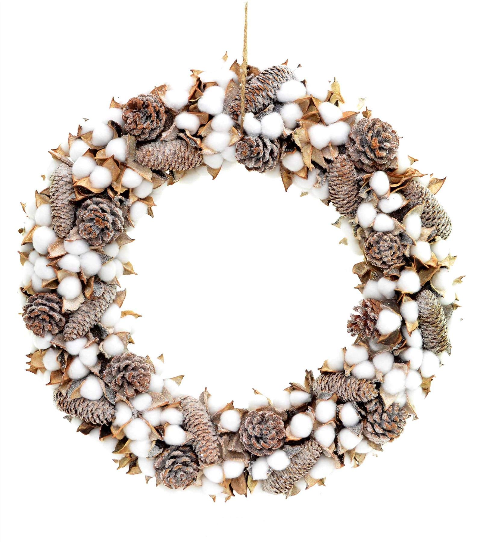 Shatchi Handmade 38cm Christmas Real Cotton Boll Wreath Pine Cones Vintage Xmas Home Décor Pre Decorated Decorations
