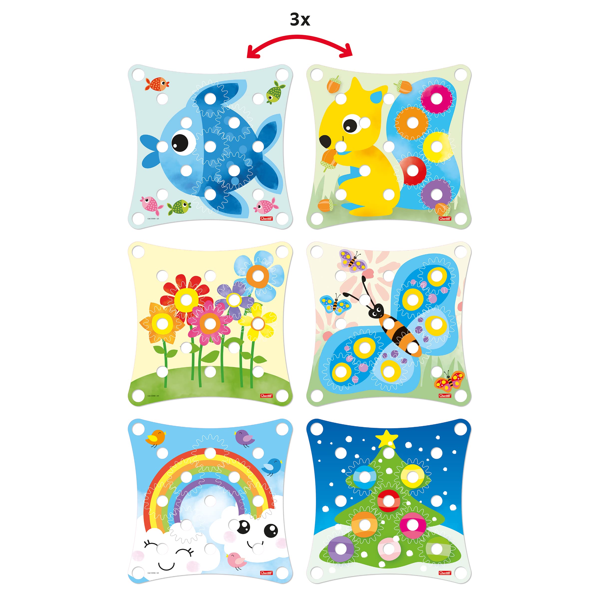 Quercetti: Peggy Gears - 13pc Interactive Cogwheel Construction Toy, Peg Board, 2-Sided Cards w/ 6 Scenes, Preschool Educational Play, Toddler-Kids 2+