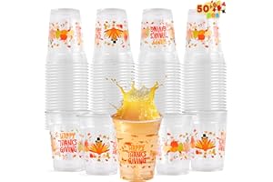 JOYIN 50 Pcs Thanksgiving Cups Disposable, 12 OZ Thanksgiving Plastic Cups with Pumpkin Maple Leaves, Plastic Dinnerware for Juice, Coffee, Hot/Cold Drinks, Fall Party Favor Supplies