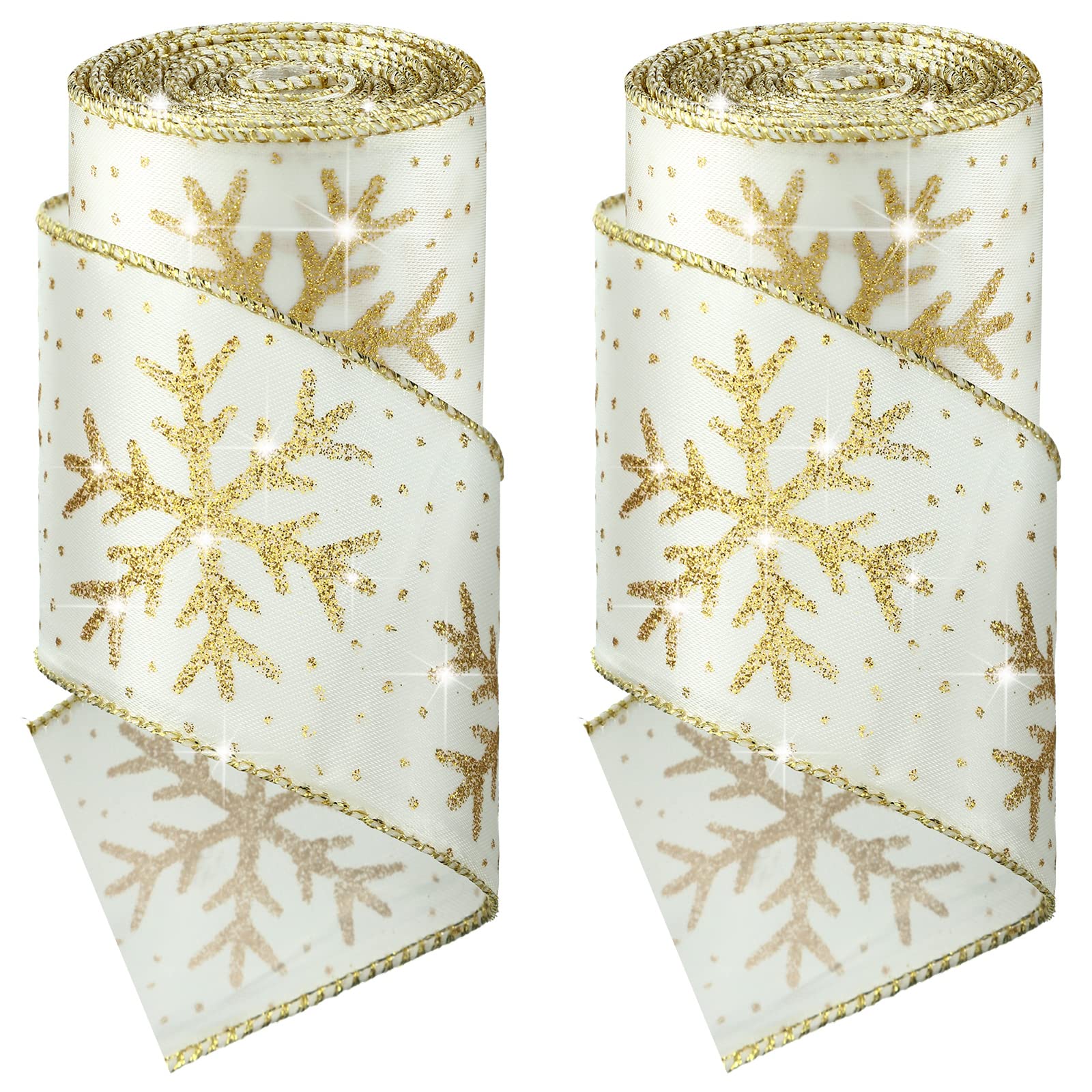 Xinnun Christmas Snowflake Wired Ribbon 2.5 Inches 2 Rolls Satin Glittered Snowflake Wired Edge Christmas Ribbon for Tree Gift Wrapping Home Decorations Bow DIY Craft(12 Yard,White, Gold)
