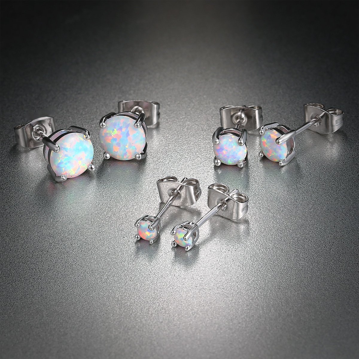 VOLUKA 18K White Gold Plated Opal Stud Earrings for Womens Sensitive Ears 3 Pairs 3/5/7mm