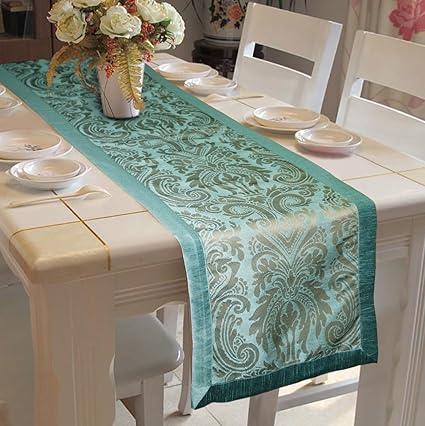 Lushomes Polyester Border 3 Jacquard Table Runner (16x72-inches, Blue Pattern)