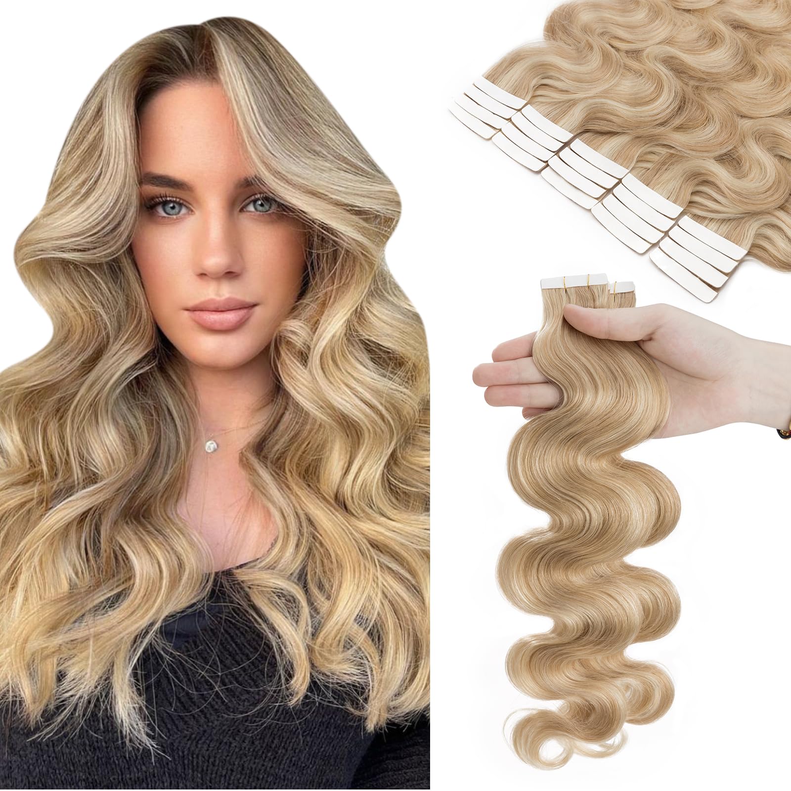 Photo 1 of Hairro 14 Inch Tape in Human Hair Extensions Body Wave 20pcs 40g/pack Highlight #18/613 Ash Blonde Mix Bleach Blonde Seamless Weft Glue in Hairpieces Balayage Invisible Double Sided Tape