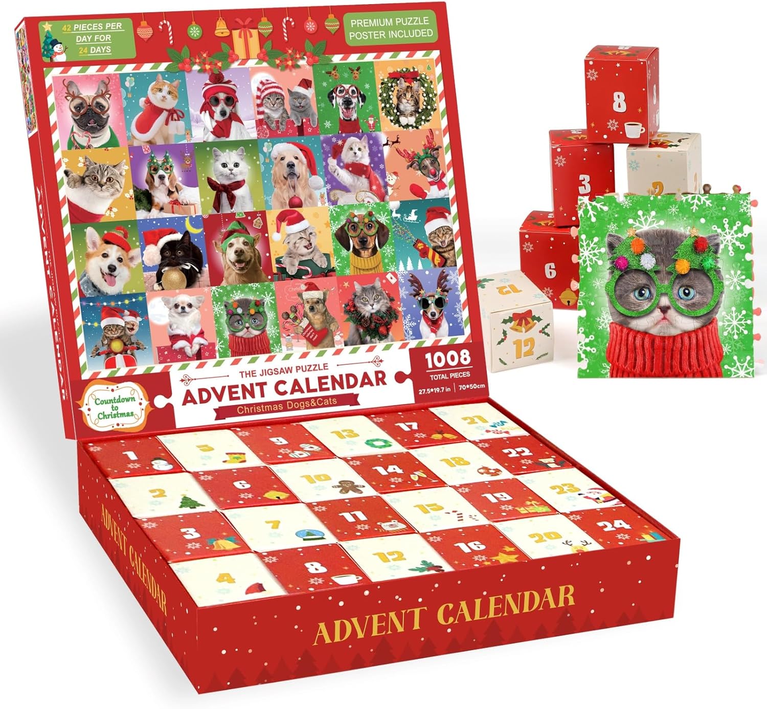 Advent Calendars - Advent Calendar 2023 Christmas Jigsaw Puzzles, Christmas Dogs & Cats Christmas Holiday Puzzle for Kids Adults 24 Boxs 1008 Pieces Puzzles for Boys Girls Countdown to Christmas Gifts Stocking Stuffer